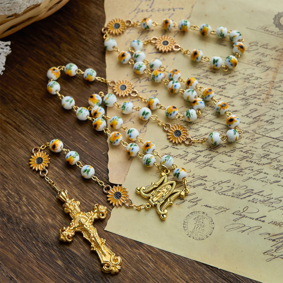 Jesus Is The Gift: Handmade Sunflower-Inspired Yellow Floral Rosary with Gift Card