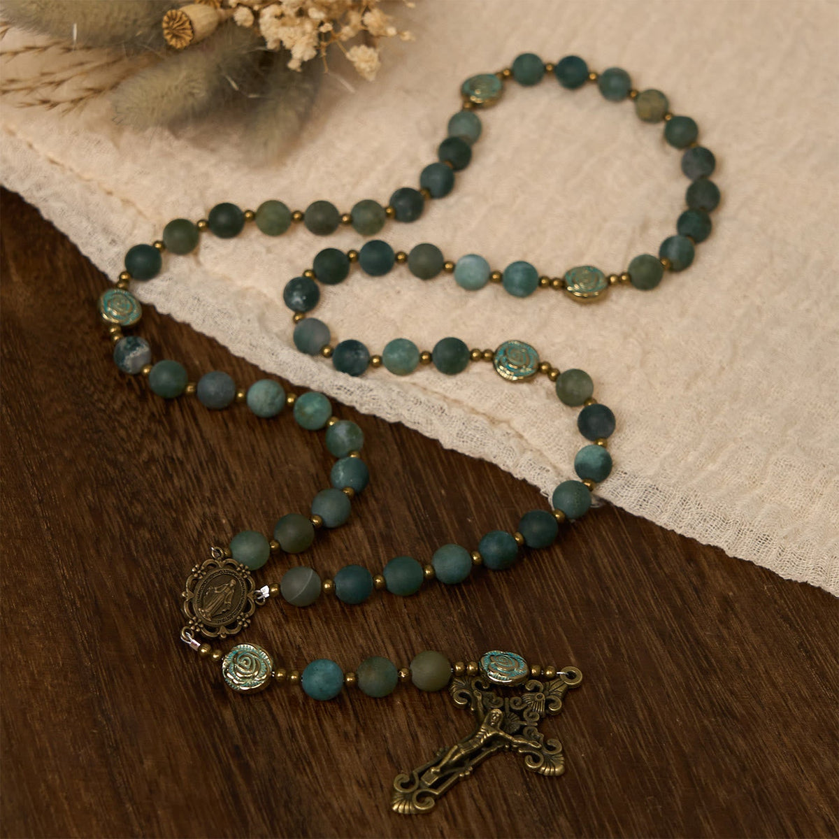 Green Agate Prayer Rosary with Bronze Rose Accents: A Sacred Journey of Healing and Faith