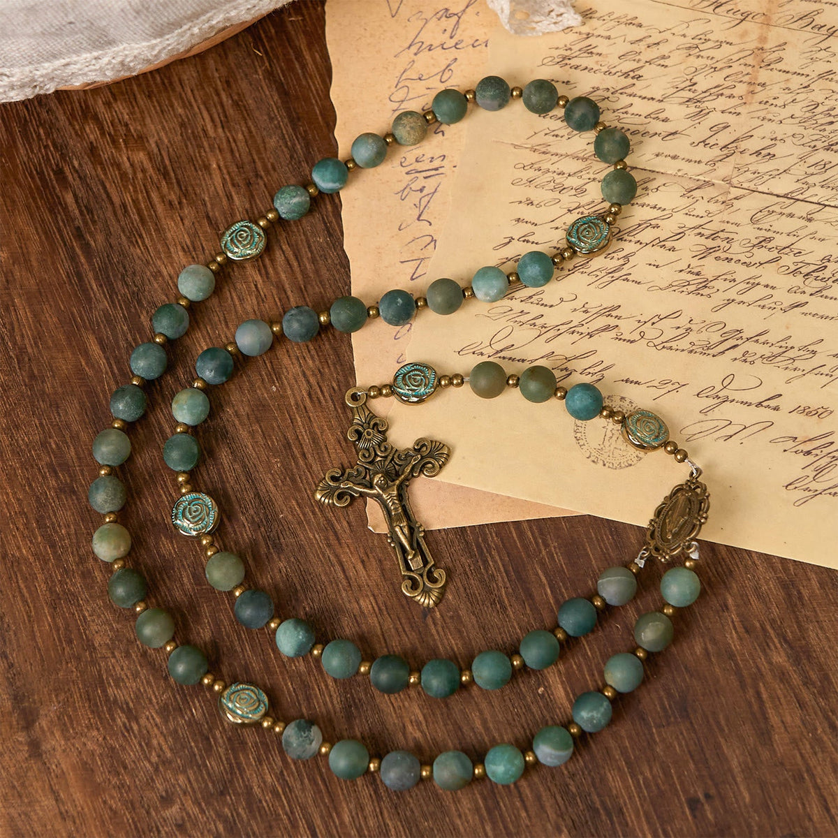 Green Agate Prayer Rosary with Bronze Rose Accents: A Sacred Journey of Healing and Faith