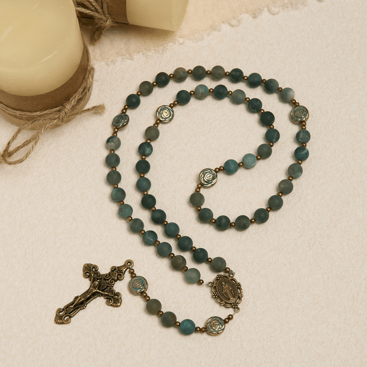 Green Agate Prayer Rosary with Bronze Rose Accents: A Sacred Journey of Healing and Faith
