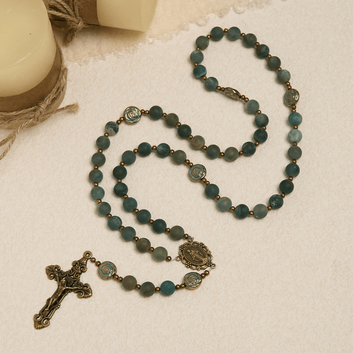Green Agate Prayer Rosary with Bronze Rose Accents: A Sacred Journey of Healing and Faith