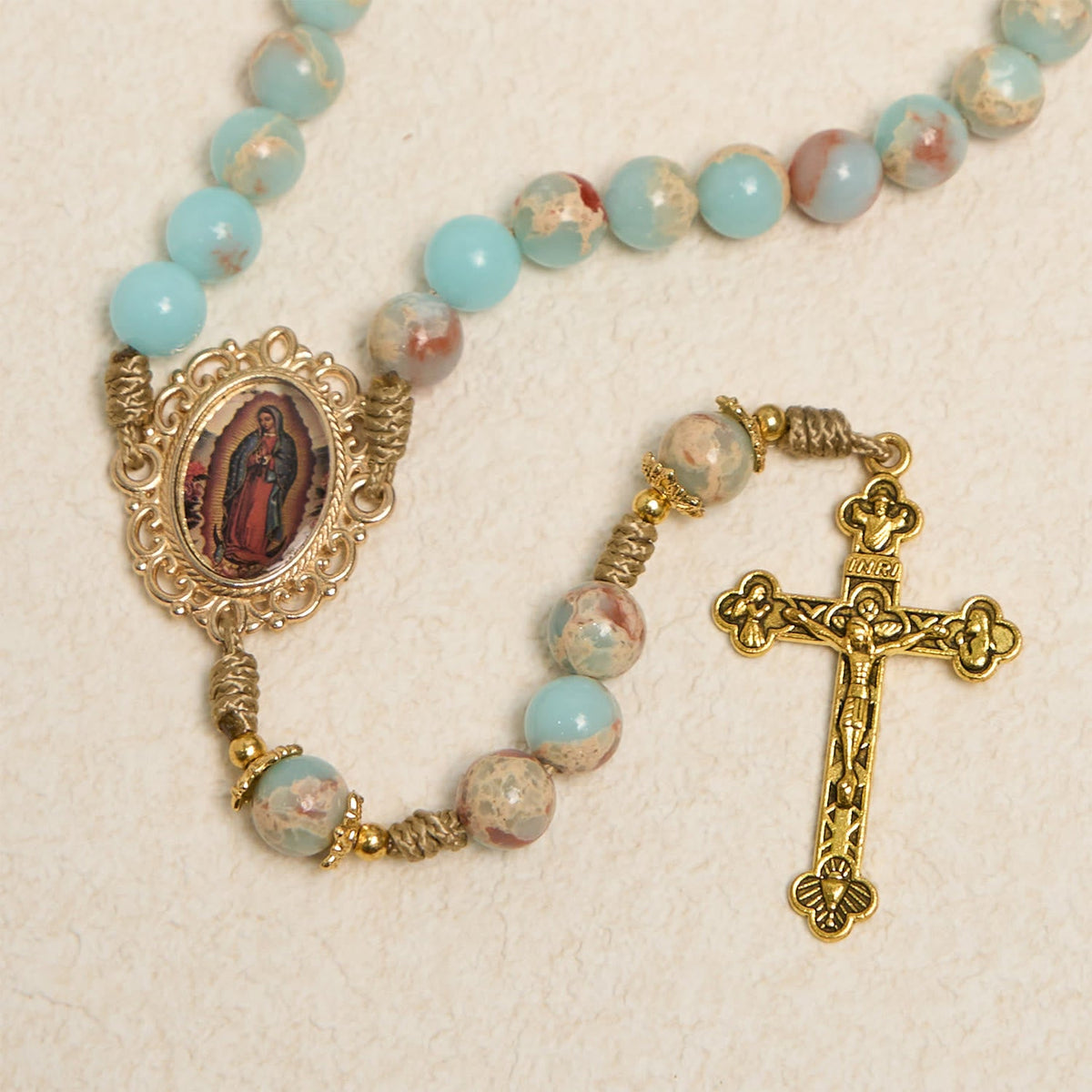 PRAYERFUL FAITH: Handmade Aqua Stone Prayer Rosary with Gift Card