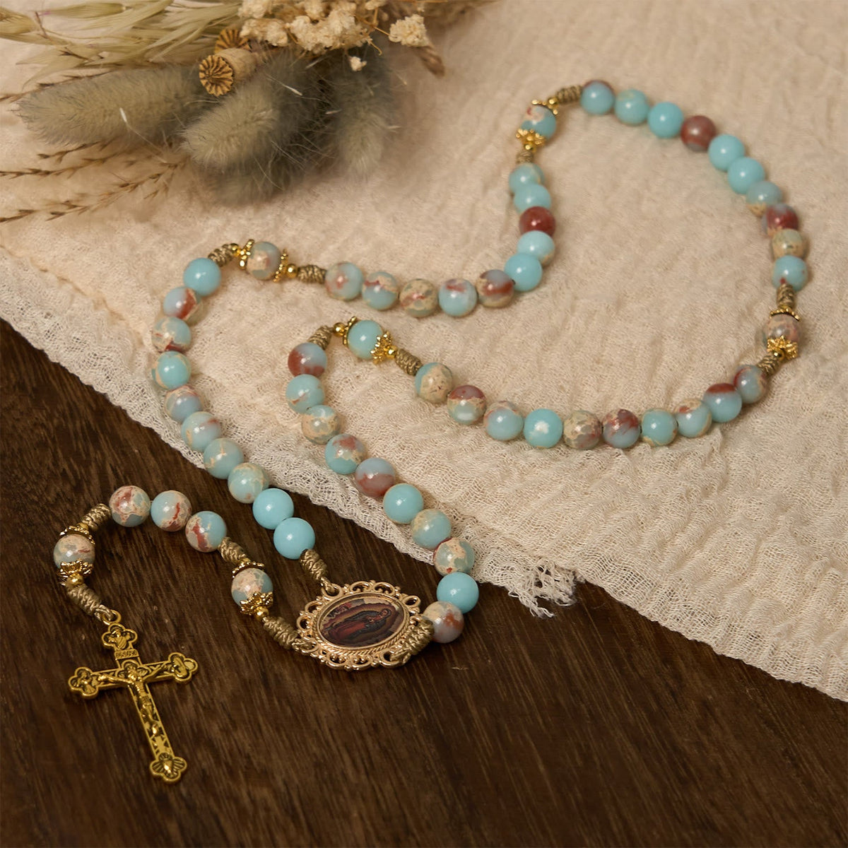 Aqua Stone Prayer Rosary with Gold Accents: A Divine Source of Peace and Devotion