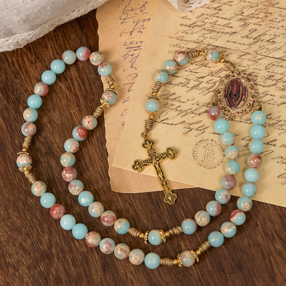 PRAYERFUL FAITH: Handmade Aqua Stone Prayer Rosary with Gift Card