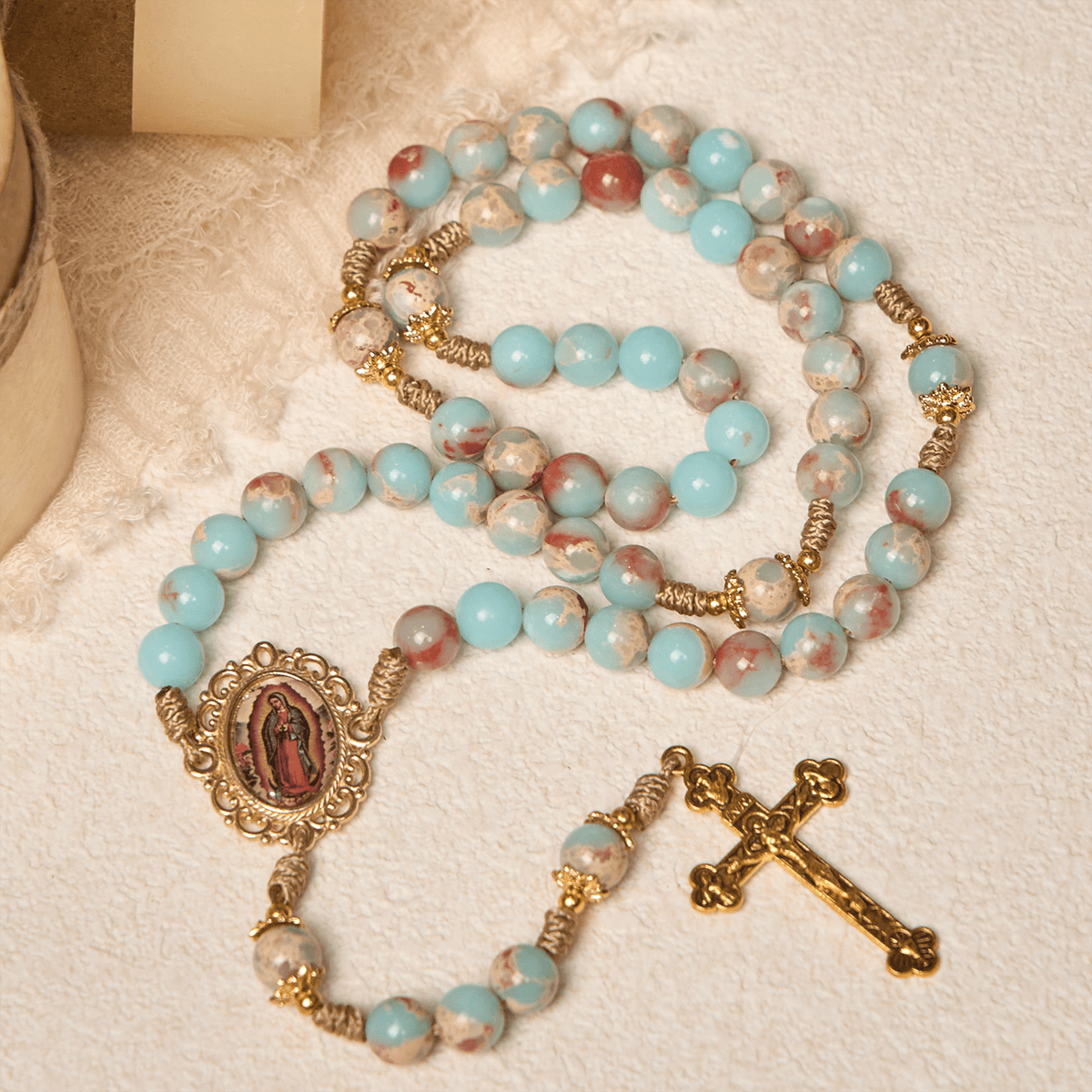 PRAYERFUL FAITH: Handmade Aqua Stone Prayer Rosary with Gift Card