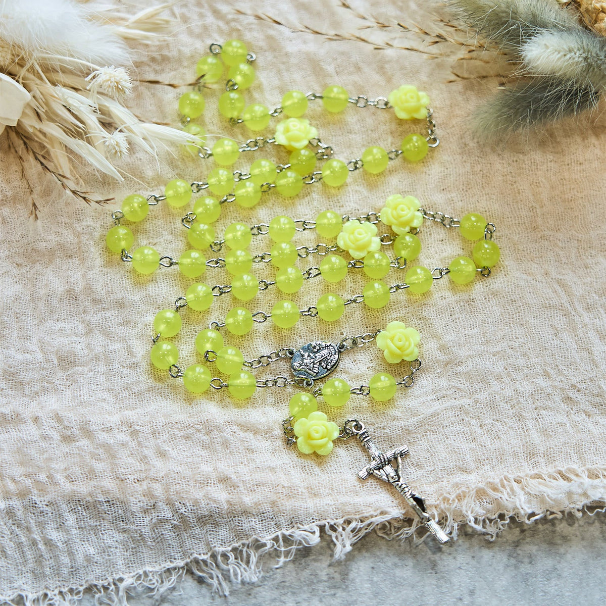 Spring Light Yellow Bead Rosary with Rose Accents: Mary's Blessing in Every Prayer
