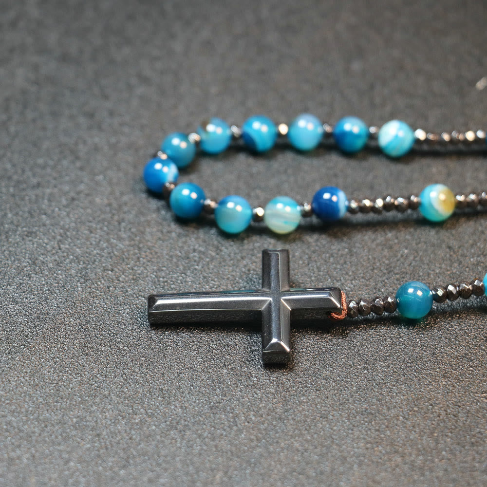 8mm Striped Blue Agate Natural Stone Beads Iron Gallstone Cross Rosary
