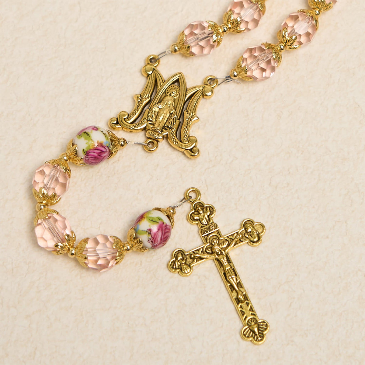 Pink Crystal Beads with Golden Alloy Chain Crucifix & Virgin Mary Prayer Rosary