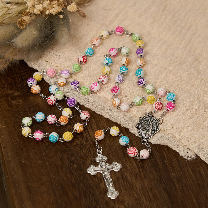 Multicolor Rose Beads with Virgin Mary Medal & Crucifix Rosary: Sacred Palette of Love