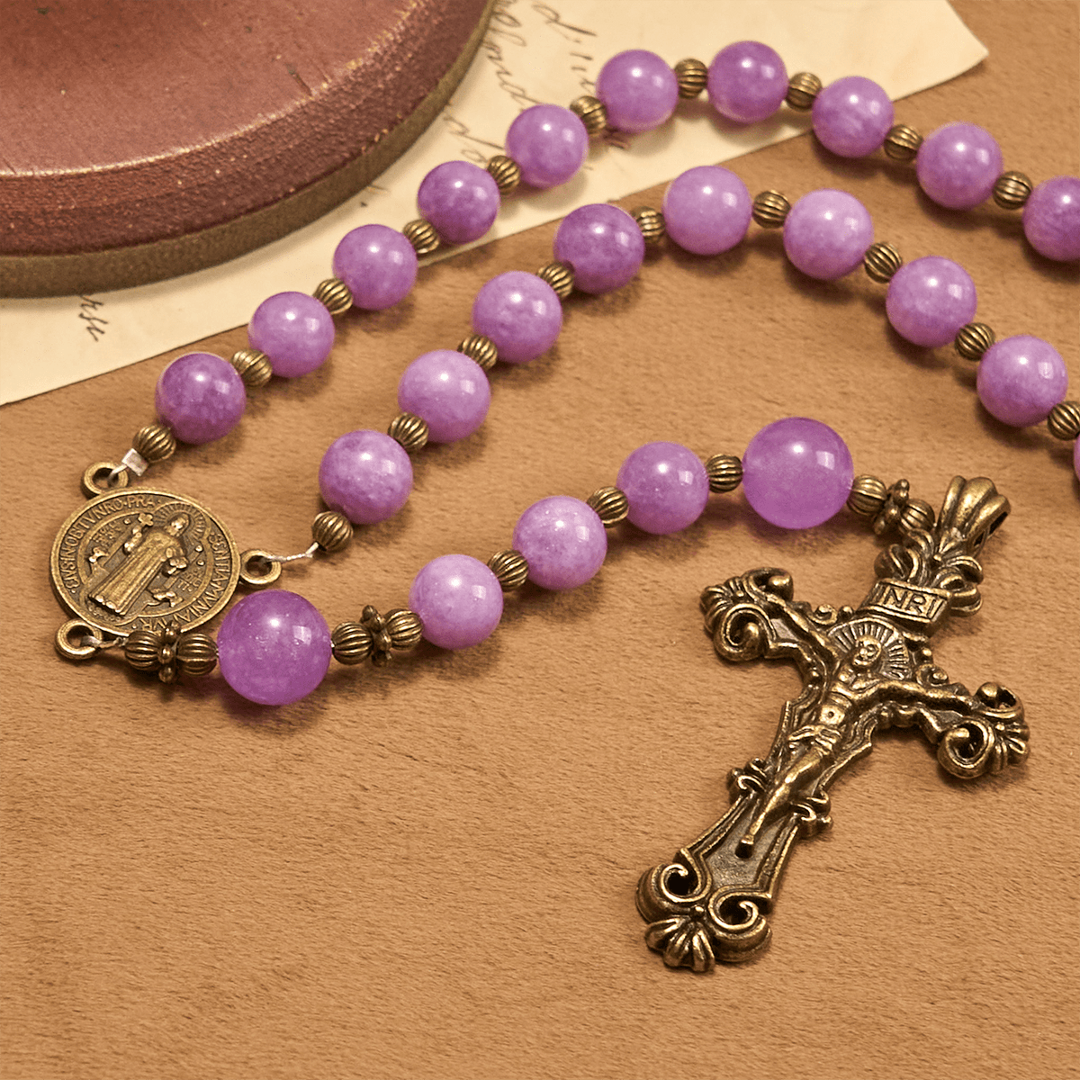 Purple Garnet Chalcedony Rosary with Crucifix & St. Benedict: Graceful Spiritual Bond