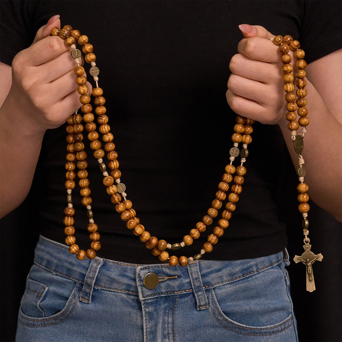 15/20 Decade Olive Wood Rosary with St. Benedict, Crucifix & Waist Chain Design—Divine Devotion in Dual Use