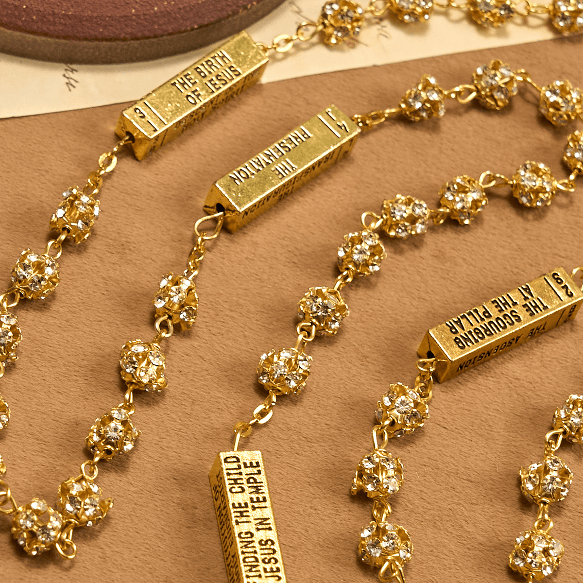 Our Lady of Fátima & Crucifix of 8 mm Round Golden Metal Gems Alloy Chain Rosary
