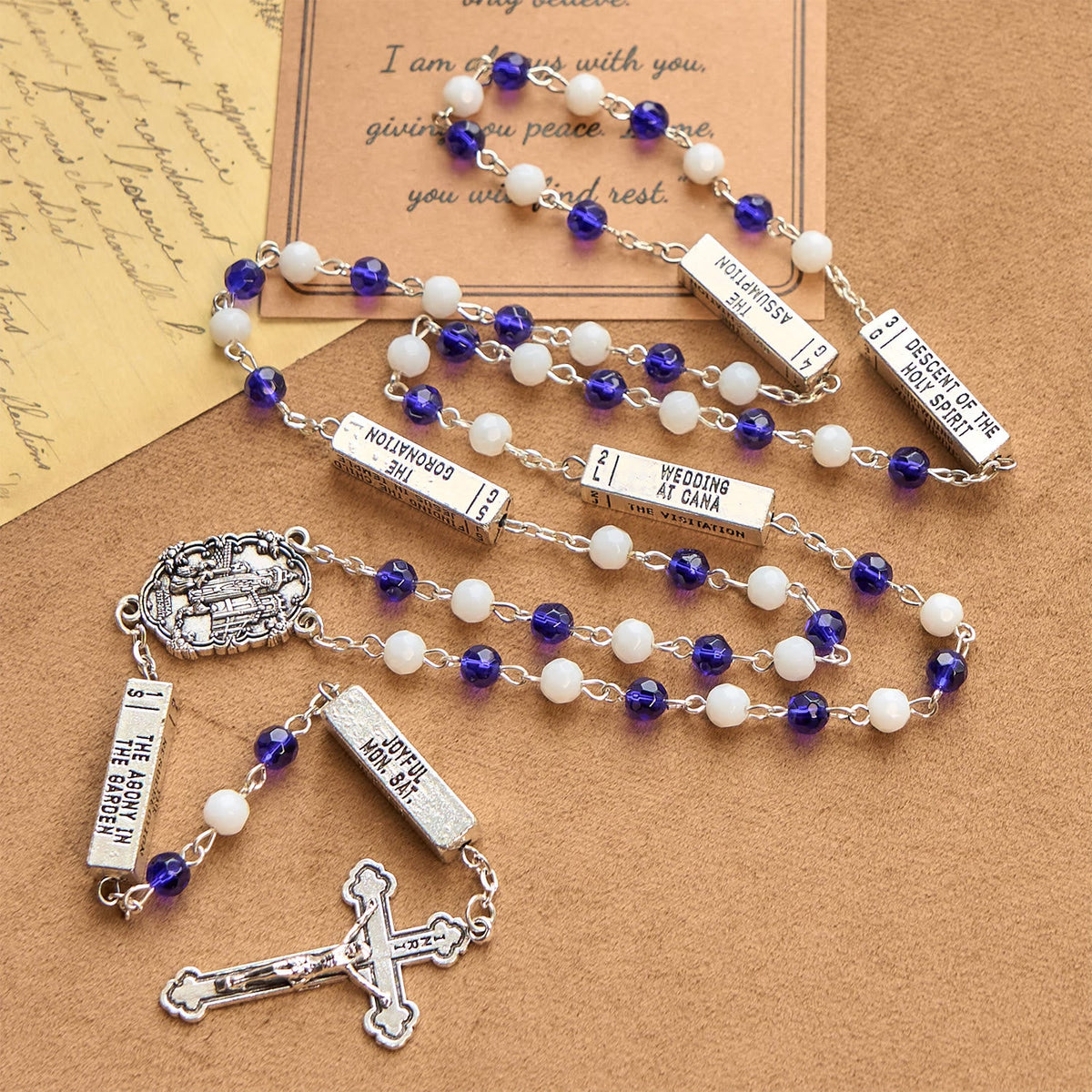 Blue & White Glass Beads Crucifix Jesus Rosary