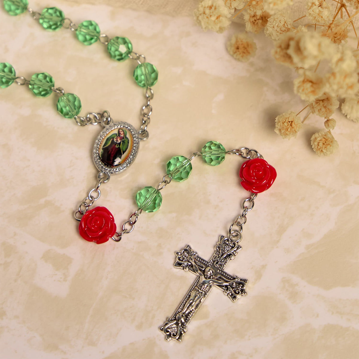 Handmade Floral Crystal Beads & Crucifix with Virgin Mary Medal Rosary: Blossom of Grace Elegance