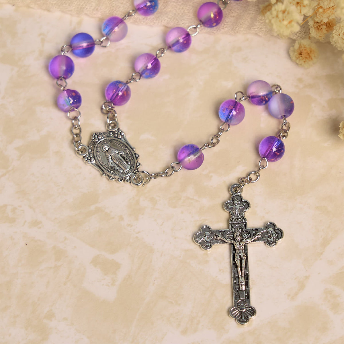 Frosted Blue and Purple Glass Beads Rosary Adorned with Miraculous Medal: Devotion in Textured Form