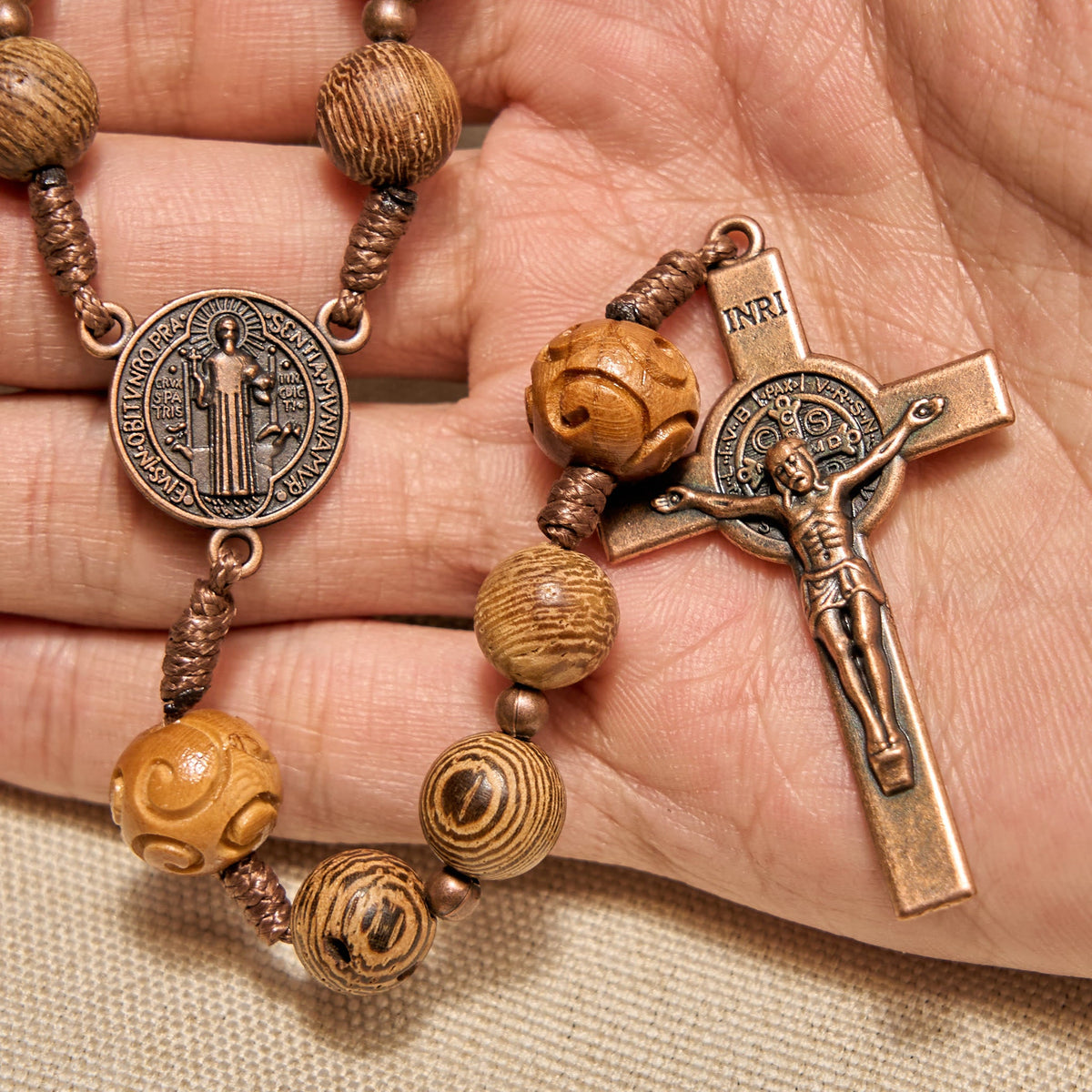 Divine Olive Wood Rosary Adorned with St. Benedict Medal & Crucifix: Sacred Devotion