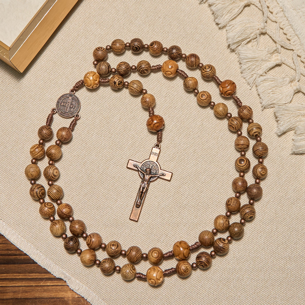 Divine Olive Wood Rosary Adorned with St. Benedict Medal & Crucifix: Sacred Devotion
