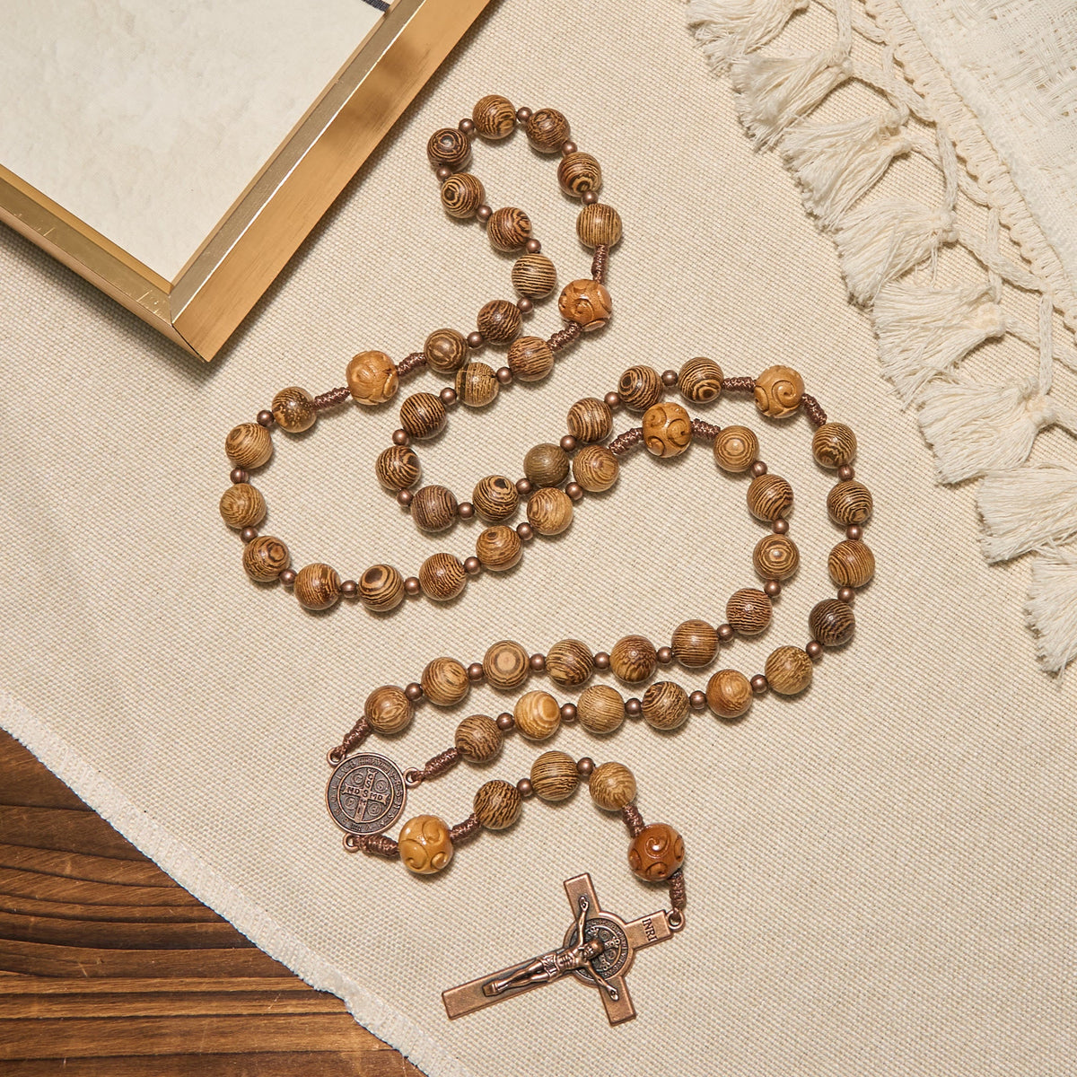 Divine Olive Wood Rosary Adorned with St. Benedict Medal & Crucifix: Sacred Devotion