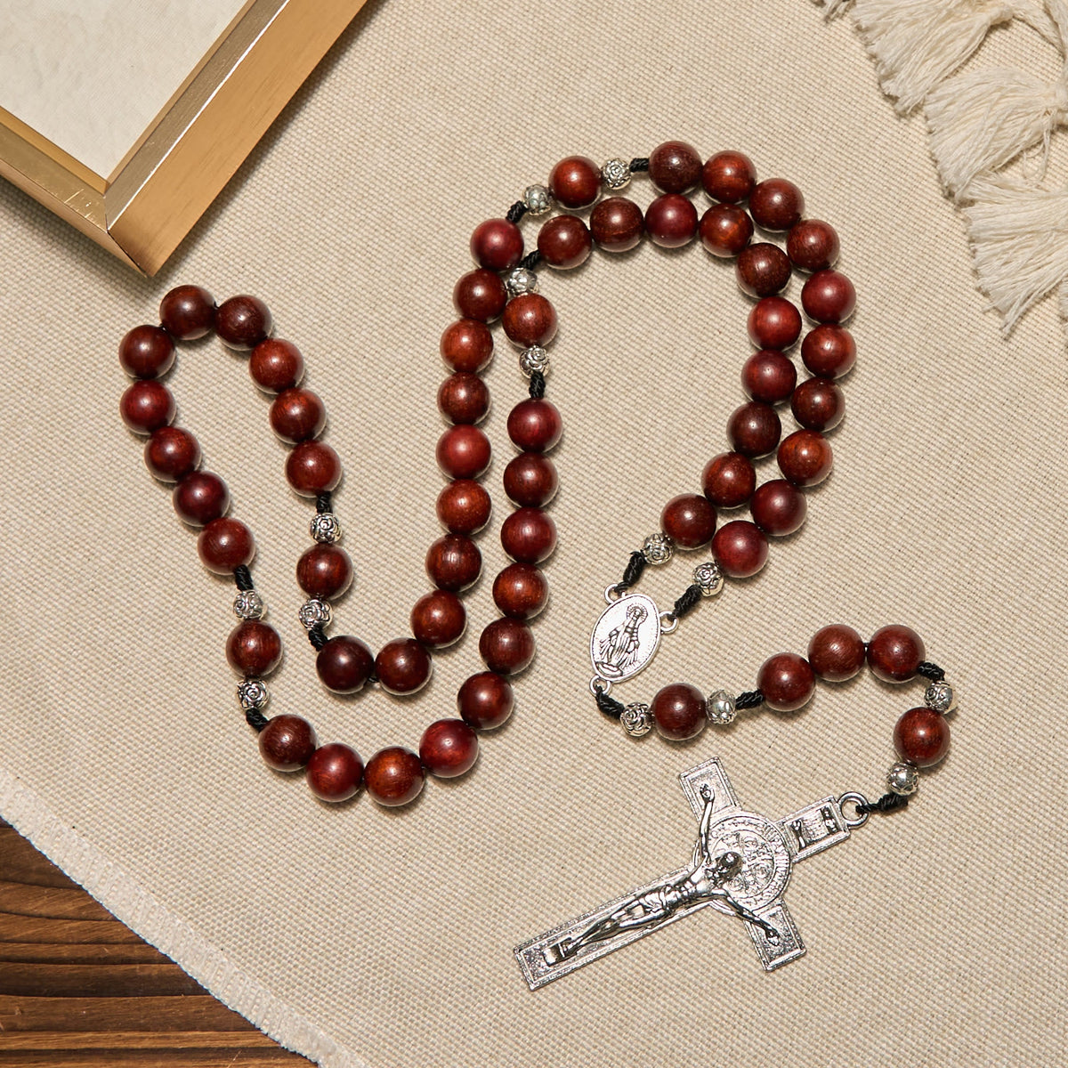 Red Wood and Rose Beads Rosary with Miraculous Medal: Embrace Divine Grace and Protection