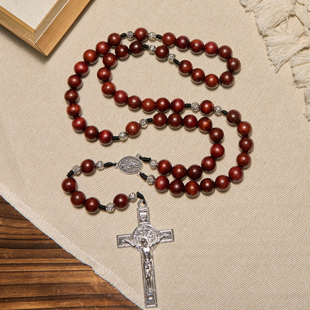 Red Wood and Rose Beads Rosary with Miraculous Medal: Embrace Divine Grace and Protection