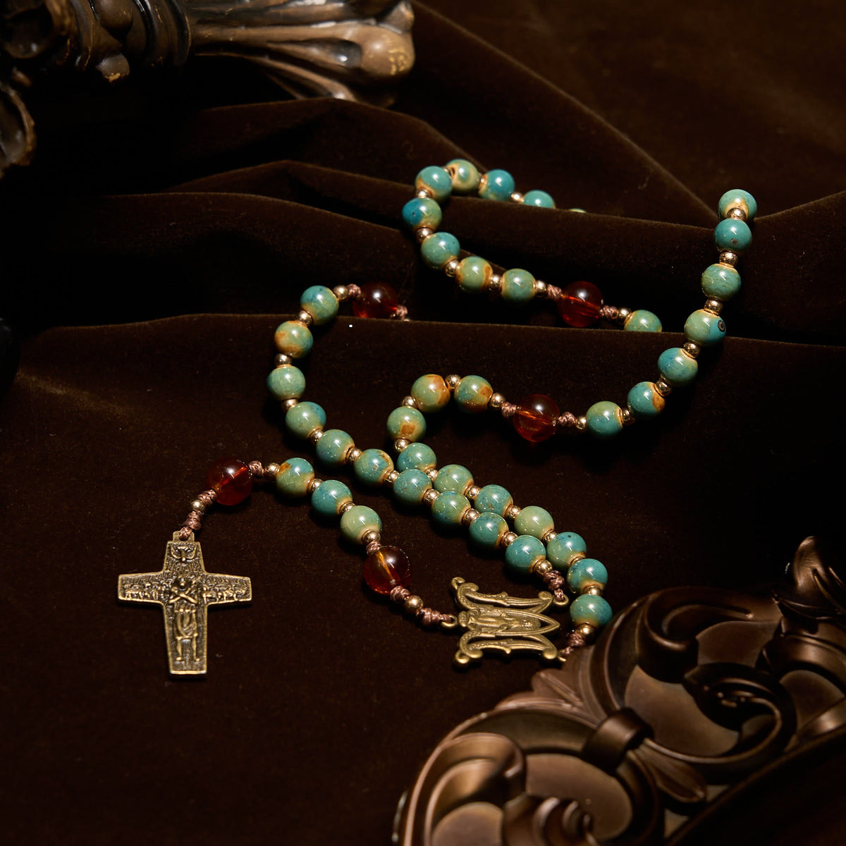 PRAYERFUL FAITH: Handcrafted Green Ceramic Rosary with Amber Beads