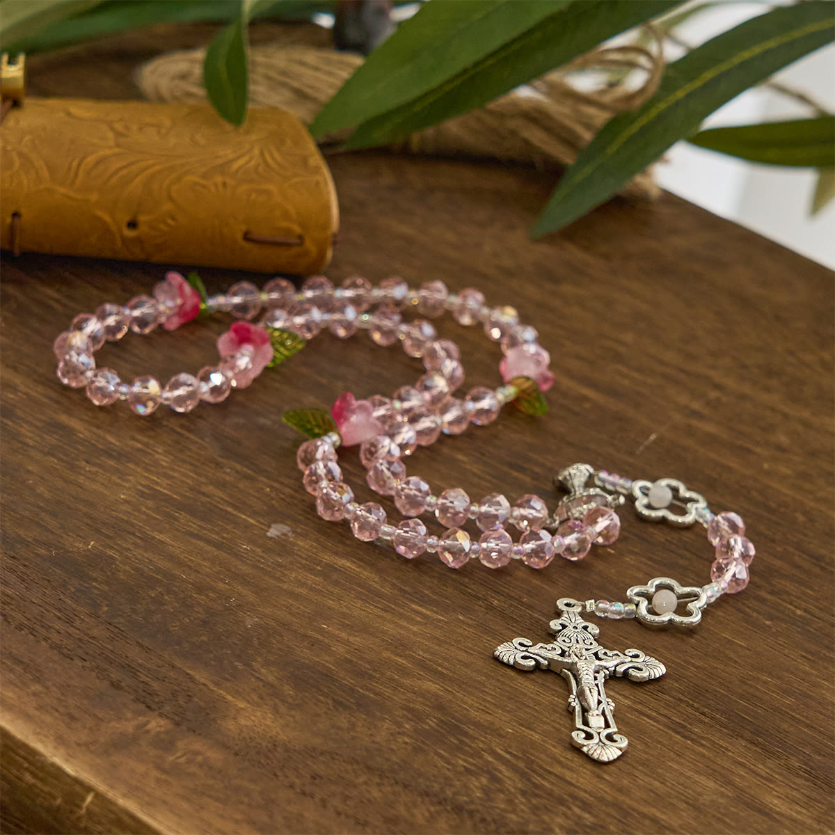 Jesus Is The Gift: Handmade Elegant Pink Crystal Rosary with 3D Rose Beads with Gift Card