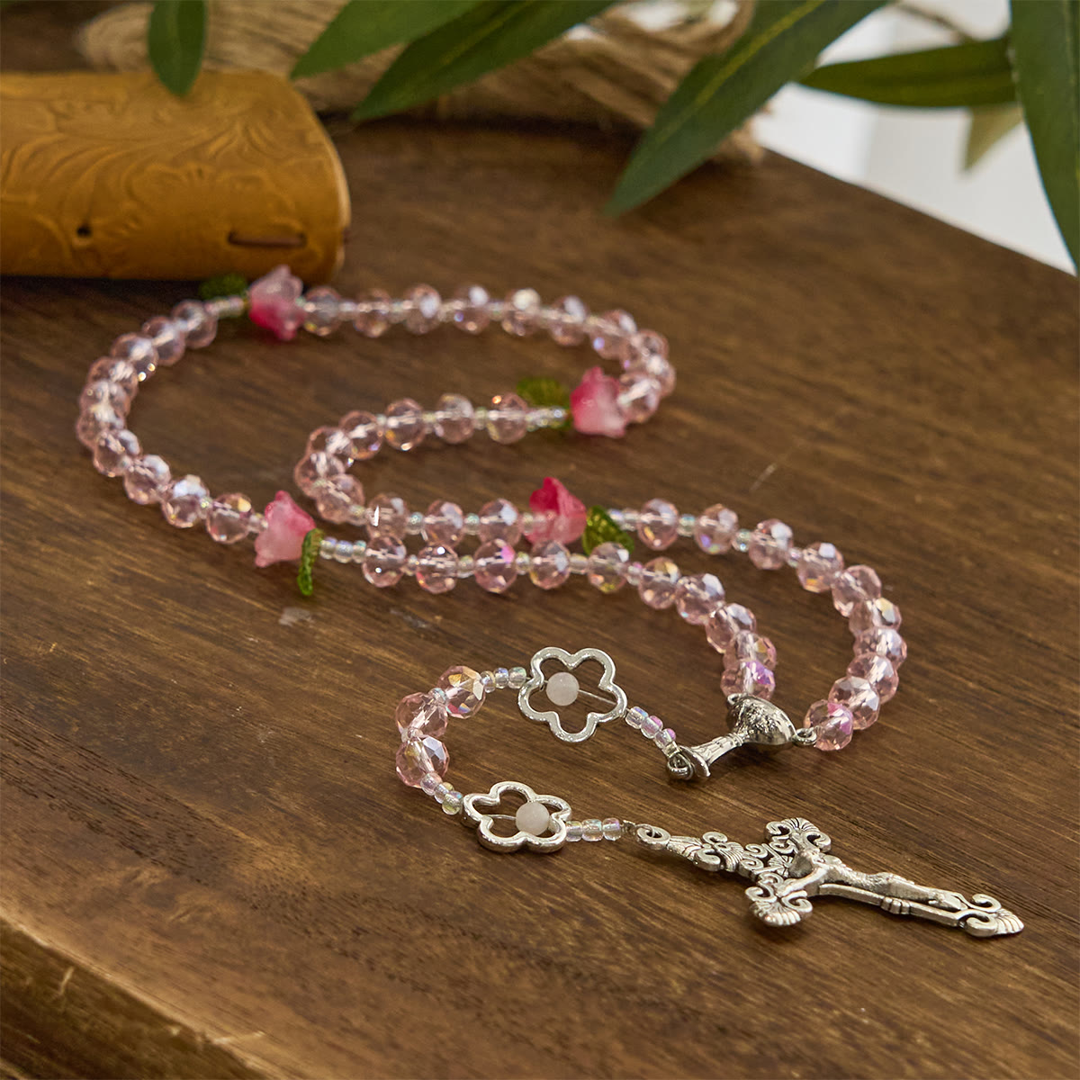Jesus Is The Gift: Handmade Elegant Pink Crystal Rosary with 3D Rose Beads with Gift Card
