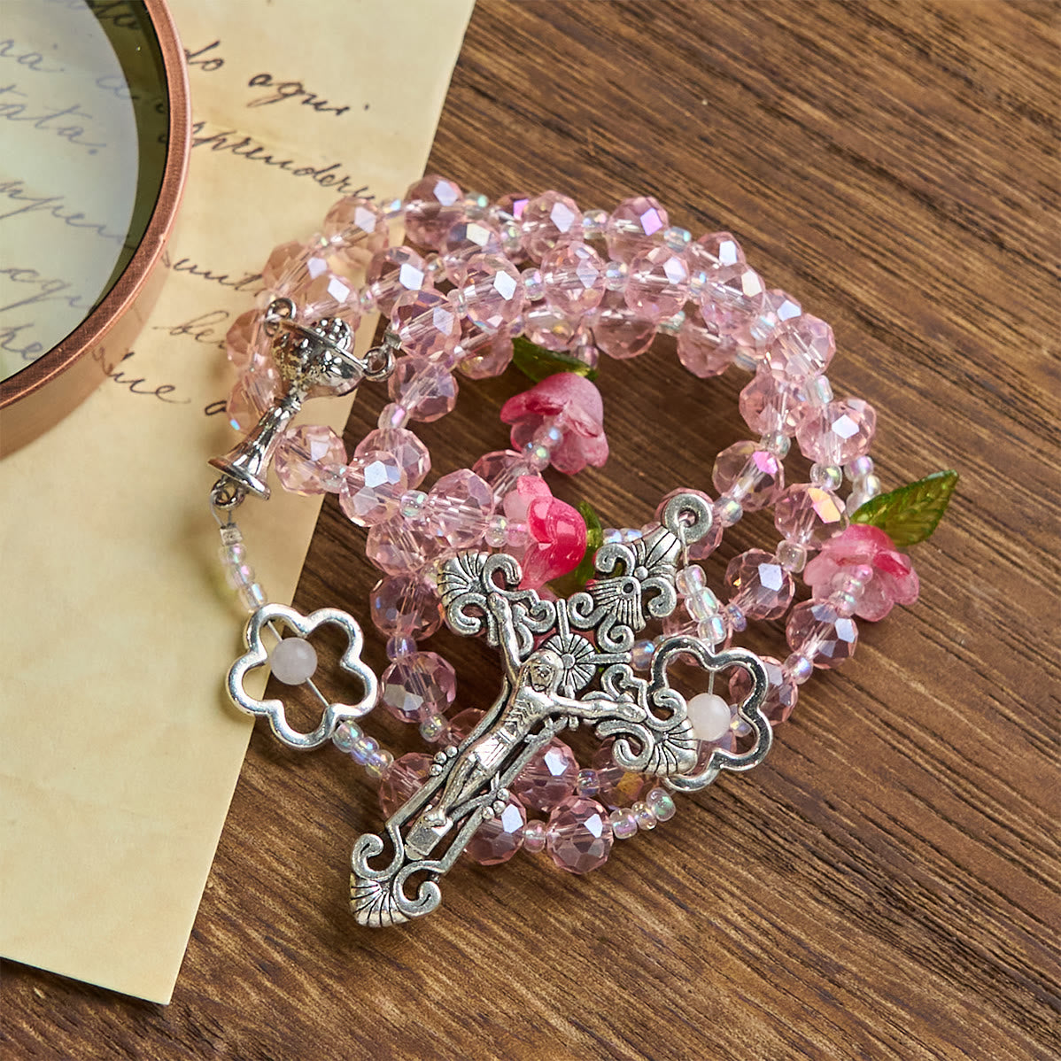 Elegant Pink Crystal Rosary with 3D Rose Beads, Silver Chalice Medal & Crucifix: Embrace Divine Grace