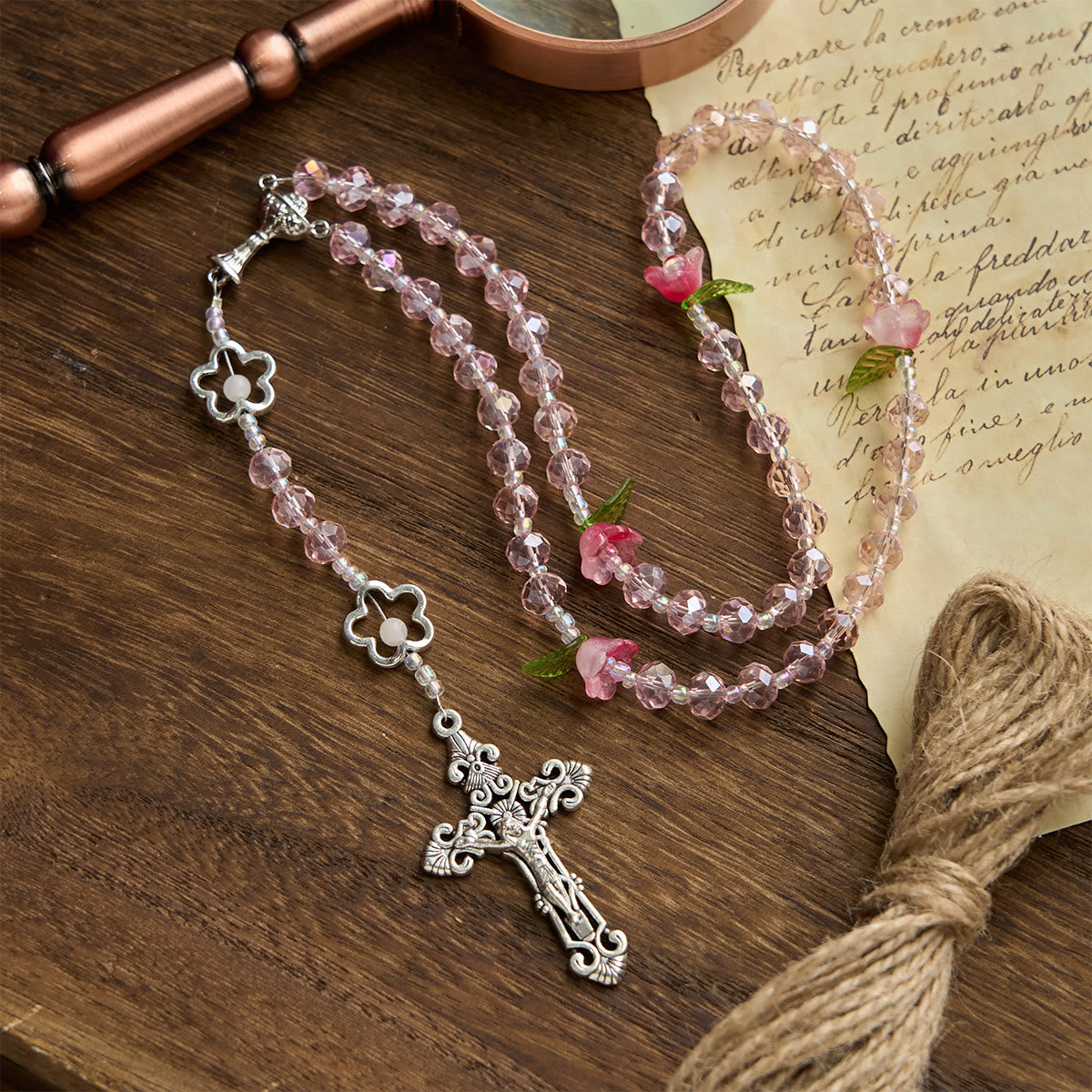 Jesus Is The Gift: Handmade Elegant Pink Crystal Rosary with 3D Rose Beads with Gift Card