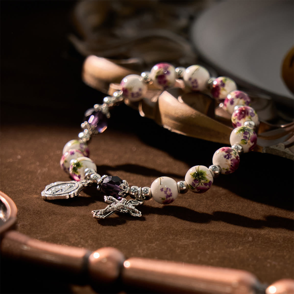 Multi-color Floral Ceramic Stretch Bracelet with Miraculous Medal & Crucifix: Subtle Faith Elegance