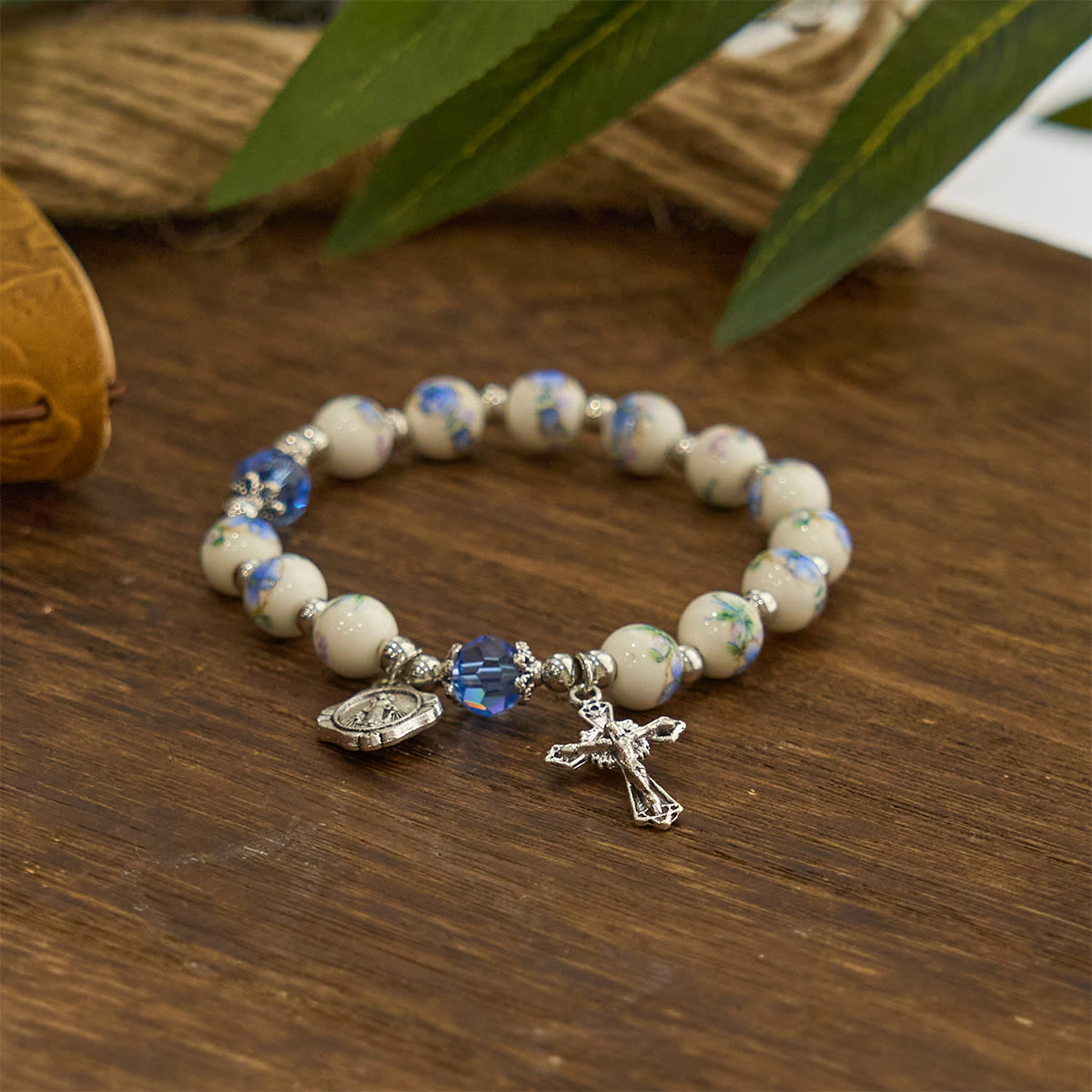 Multi-color Floral Ceramic Stretch Bracelet with Miraculous Medal & Crucifix: Subtle Faith Elegance