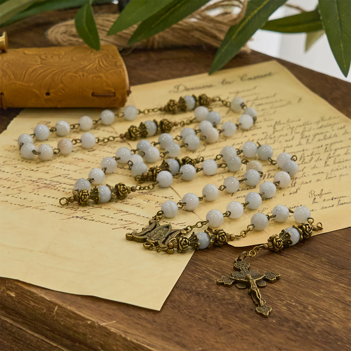 Rosary with Light Blue Jade Beads and Brass - Toned Accents: Your Path to Divine Communion
