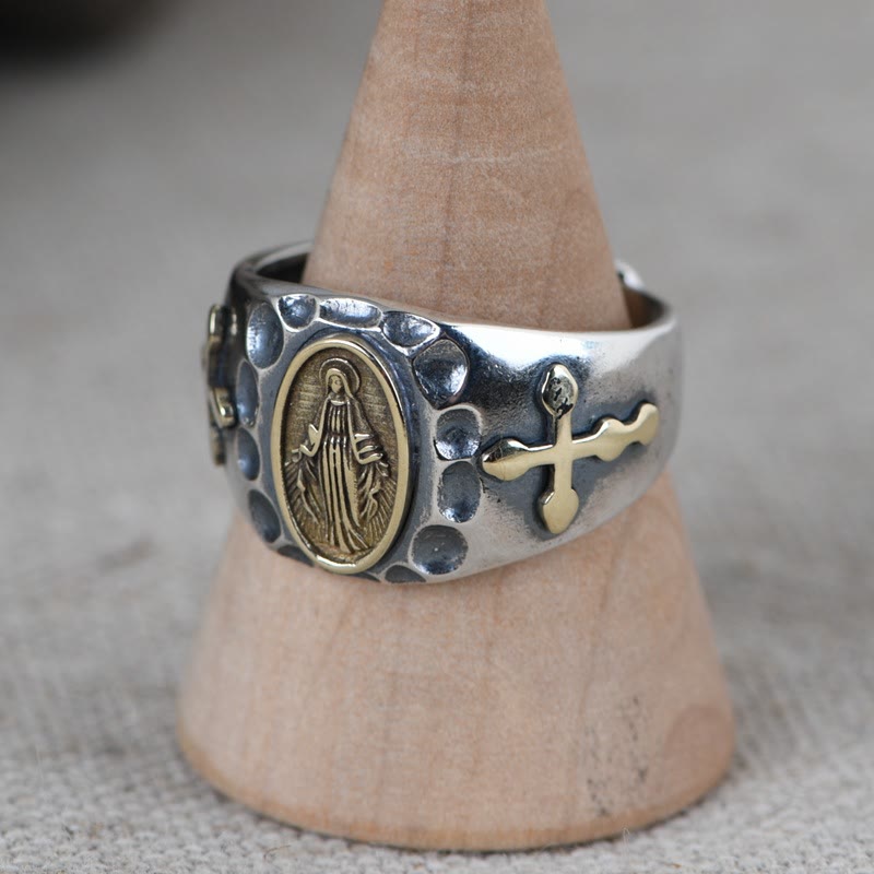 925 Sterling Silver Retro Style Virgin Mary Blessing Badge Religious Ring