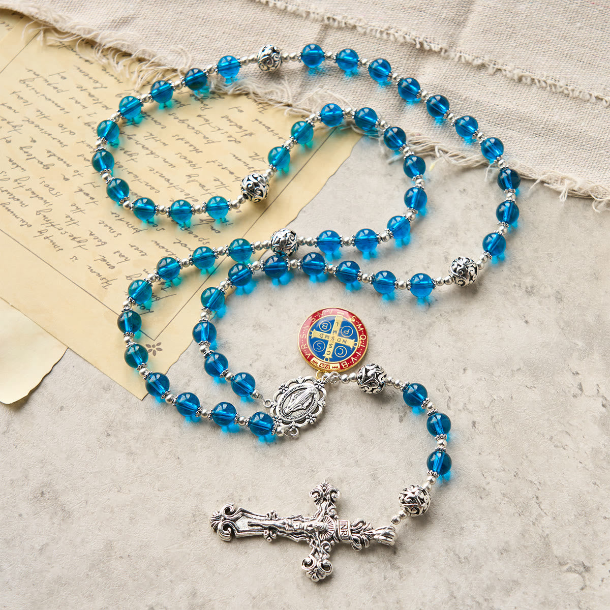 PRAYERFUL FAITH: Handmade Crucifix Clear Blue Glass Rosary with Gift Card
