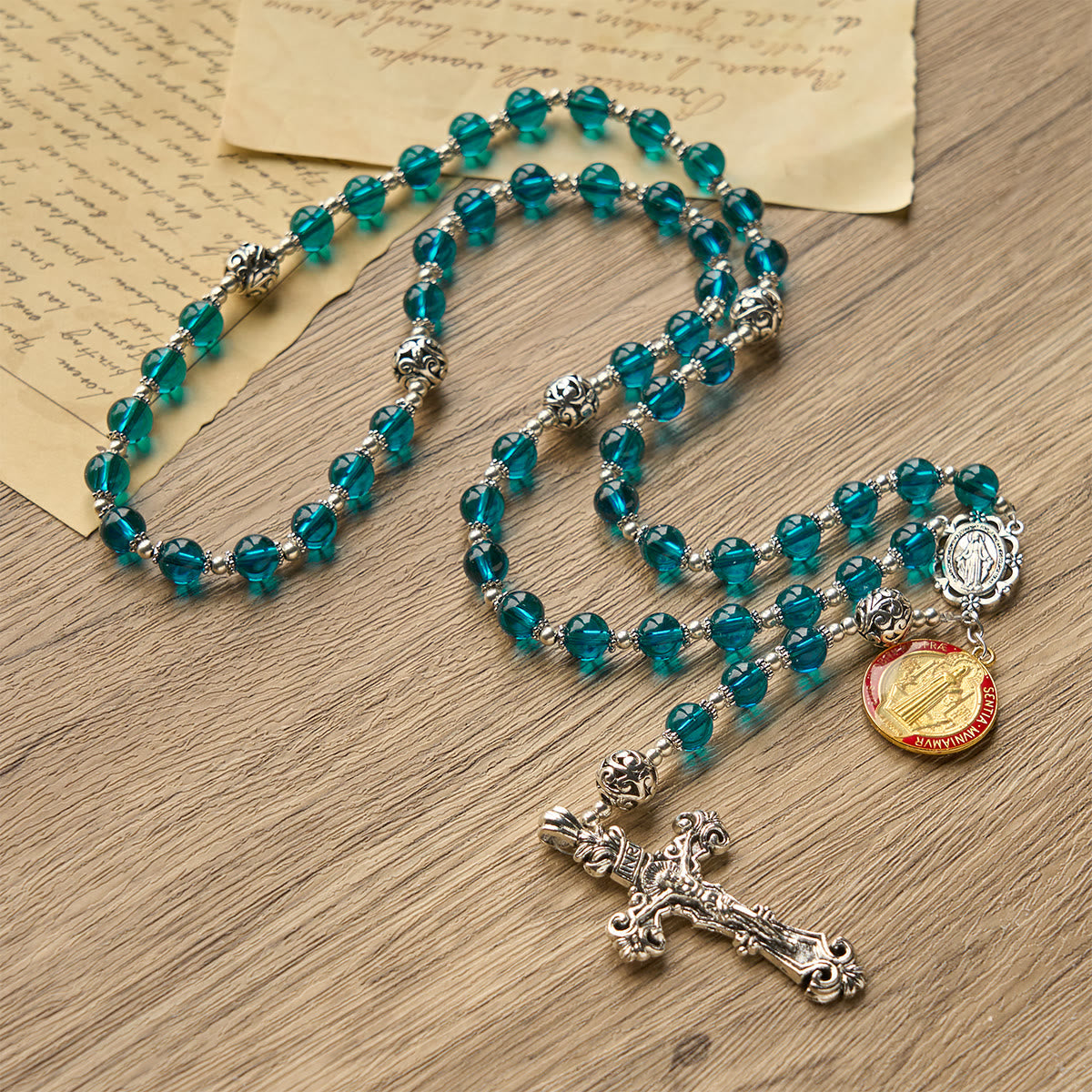 Handmade Crucifix Clear Blue Glass Rosary with Enameled St. Benedict & Miraculous Medal