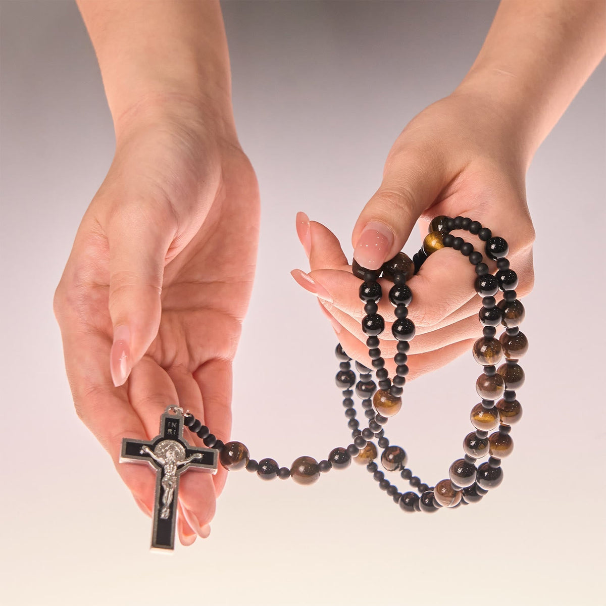 10mm Tiger's Eye Stone Beads Rosary with Black Enamel Crucifix: Embrace Earthy Sacredness