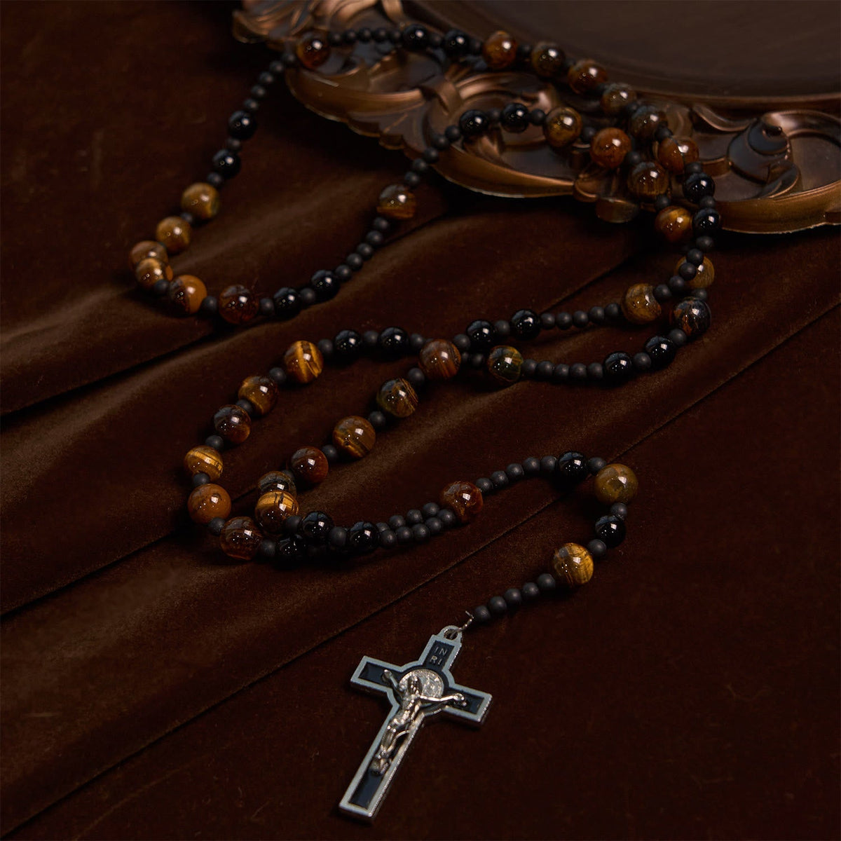 10mm Tiger's Eye Stone Beads Rosary with Black Enamel Crucifix: Embrace Earthy Sacredness
