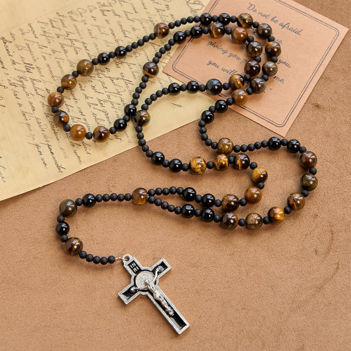 10mm Tiger's Eye Stone Beads Rosary with Black Enamel Crucifix: Embrace Earthy Sacredness