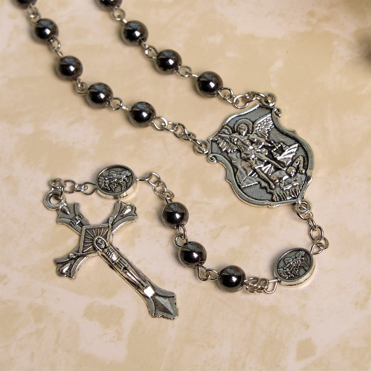 Sacred Shiny Black Beads Rosary with St. Michael the Archangel Pendant & Crucifix