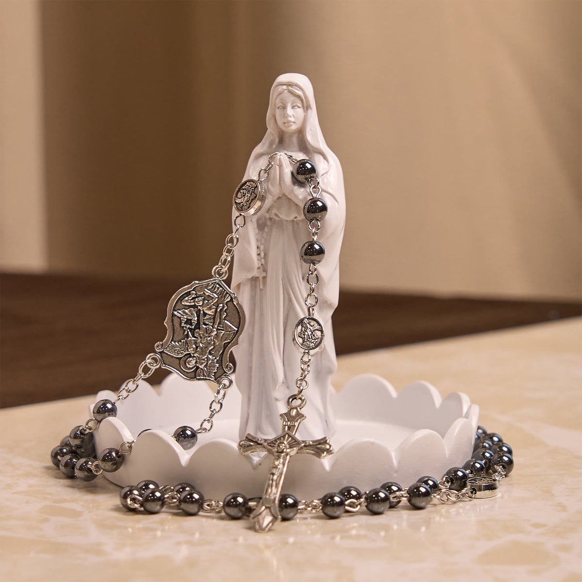 Sacred Shiny Black Beads Rosary with St. Michael the Archangel Pendant & Crucifix