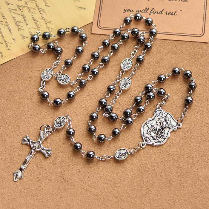 Sacred Shiny Black Beads Rosary with St. Michael the Archangel Pendant & Crucifix