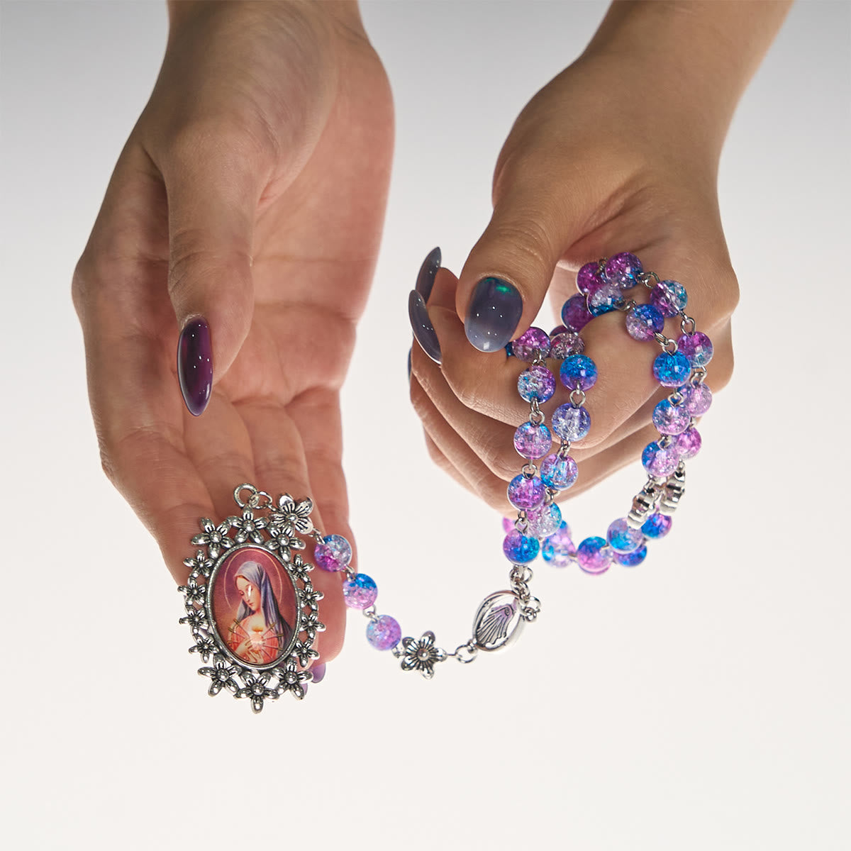 Seven Sorrow of 8 mm Round Blue-Purple Gradient Rosary with Floral - Carved Our Lady of Sorrows Pendant