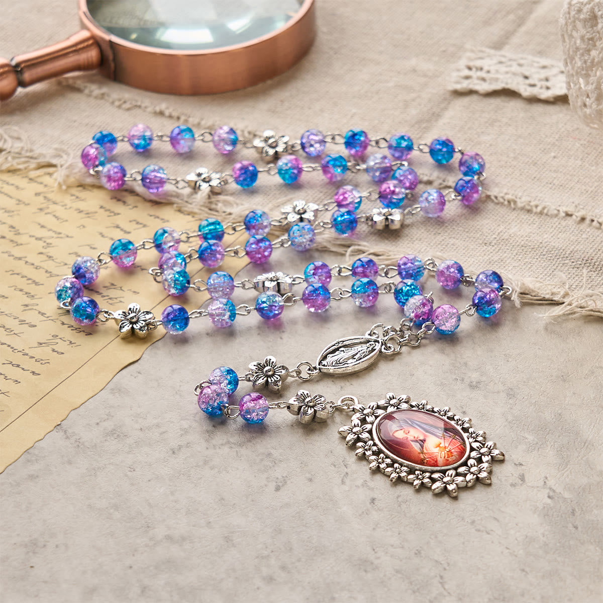 Seven Sorrow of 8 mm Round Blue-Purple Gradient Rosary with Floral - Carved Our Lady of Sorrows Pendant