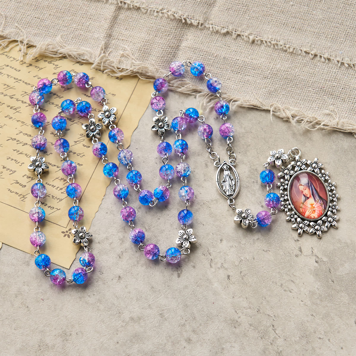 Seven Sorrow of 8 mm Round Blue-Purple Gradient Rosary with Floral - Carved Our Lady of Sorrows Pendant