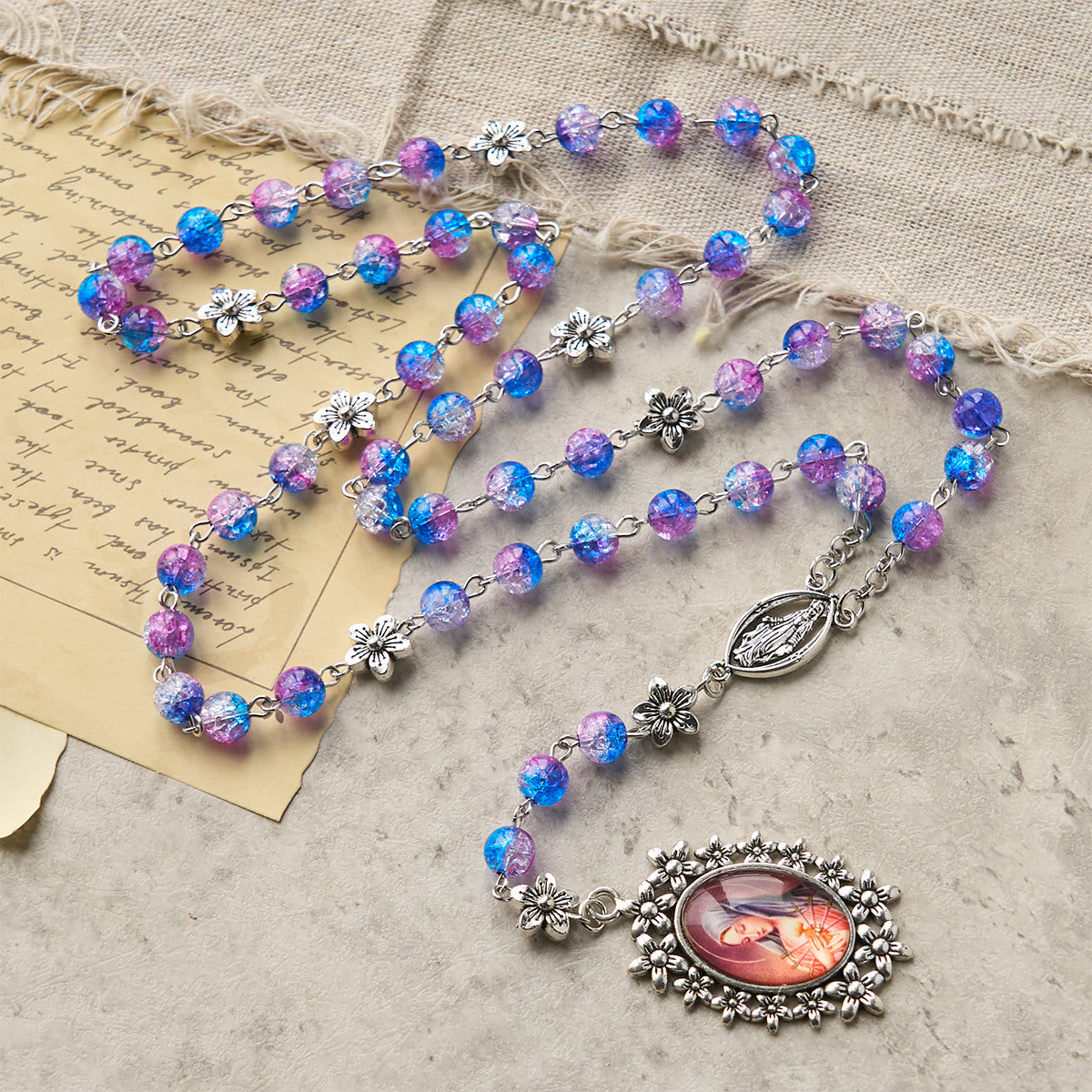 Seven Sorrow of 8 mm Round Blue-Purple Gradient Rosary with Floral - Carved Our Lady of Sorrows Pendant
