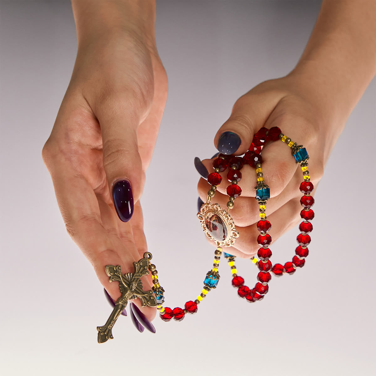Handmade Red Crystal Bohemian Czech Glass Our Lady of Guadalupe Crucifix Rosary