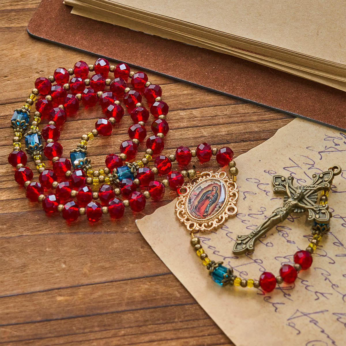 Handmade Red Crystal Bohemian Czech Glass Our Lady of Guadalupe Crucifix Rosary