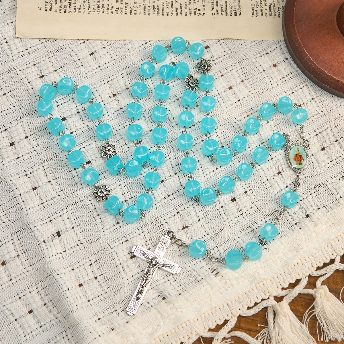 Rose Alloy Chain Blue Cube Beads Rosary with Our Lady Icon & Crucifix