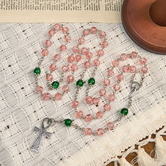 Inclusive Clear Sparkling Pink Glass Beads Alloy Chain Rosary with Our Lady & Ankh Cross