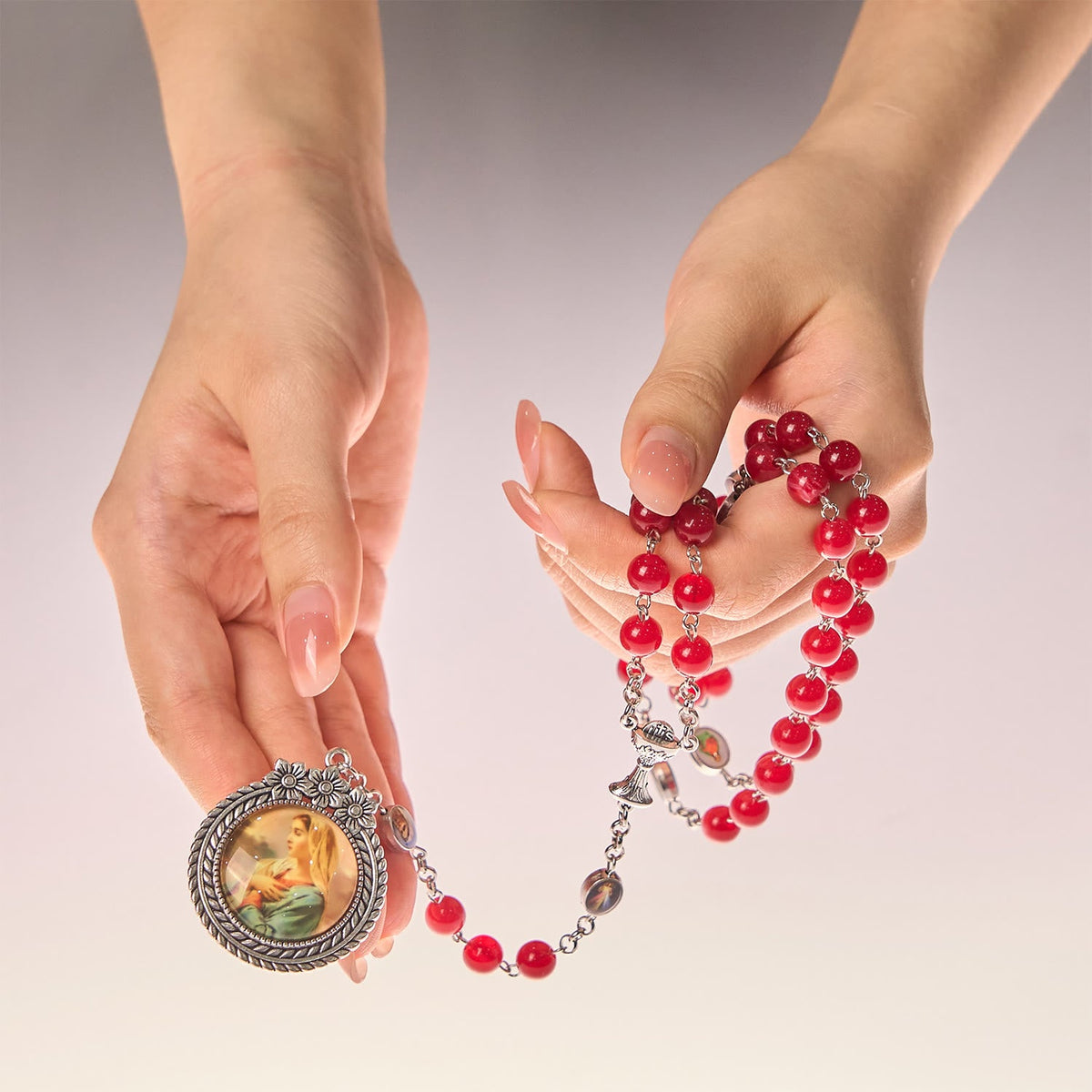 Elegant Burgundy 8mm Round Beads Rosary with Flower Carved Our Lady Medal & Holy Grail